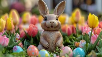 Colorful Easter decoration with blue bunny and vibrant tulips in a spring garden setting photo