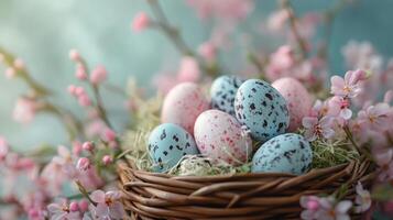 Decorative chocolate eggs in a woven basket surrounded by flowers and ribbons during spring celebration photo