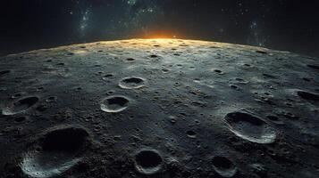 Detailed view of the moon's surface featuring craters and shadows during a twilight hour photo