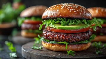 Delicious gourmet burger with fresh toppings served on a wooden board at a rustic restaurant photo