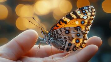 Butterfly perched delicately on an outstretched hand during a serene sunset moment photo