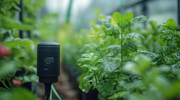 Smart irrigation system enhancing crop growth in a lush green farm field during daylight photo