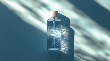 Clear liquid soap dispenser on a light blue background with bubbles and a pump top photo
