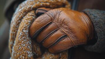 Warm brown leather gloves on person bundled in cozy scarf and jacket during chilly weather photo