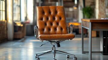 Stylish modern office chair in a bright workspace with wooden desk and plants photo