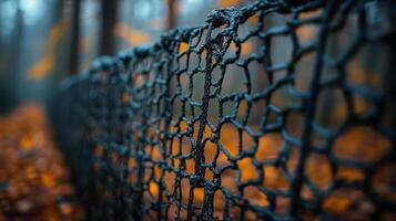 Close-up view of a netting structure along a forest path during autumn photo