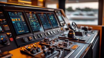 Navigating a luxury yacht at sunset with advanced control panels and scenic water views photo