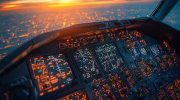Control panel of an aircraft cockpit illuminated with orange and blue lights at night photo