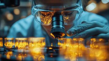 Scientist examining specimen under microscope in laboratory during daytime hours photo