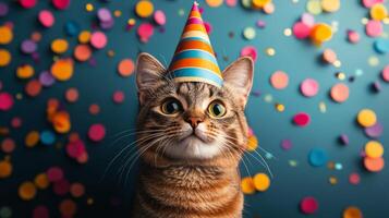 Colorful party hat and confetti create a festive atmosphere for celebrations photo
