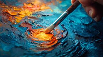 Artistic expression with vibrant colors using a brush on canvas in a creative environment photo
