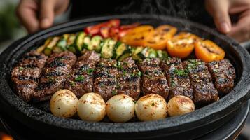 Sizzling steak with grilled vegetables and potatoes served on a hot skillet photo