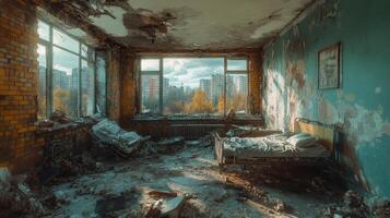 Abandoned hospital room showcasing decay and neglect in an old facility photo