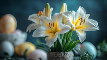 Beautiful white lily with decorative eggs on a soft blue background for spring celebration photo