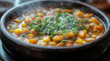 Delicious steaming vegetable soup with beans and herbs in a rustic bowl photo