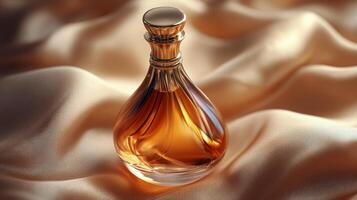 Elegant vintage perfume bottle captured on silky fabric with warm lighting and intricate design details photo