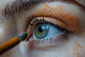 Eye makeup application with focus on details and precision in a close-up setting photo