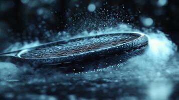 Tennis ball splashes in water as racket strikes during rainy match outside photo