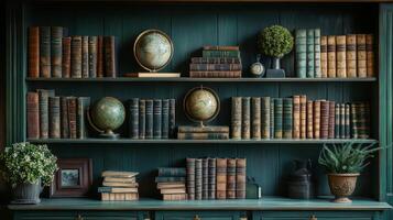 Elegant bookshelf with antique books and globes displayed in a cozy library setting photo