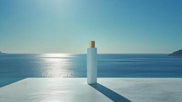 Minimalist white bottle on blue background with soft shadow in natural light photo