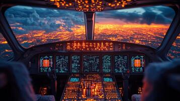 Cockpit view of an aircraft during night takeoff at a busy airport photo