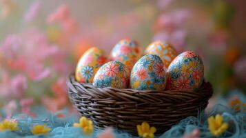 Colorful Easter eggs in a decorative basket on a spring-themed table setting photo
