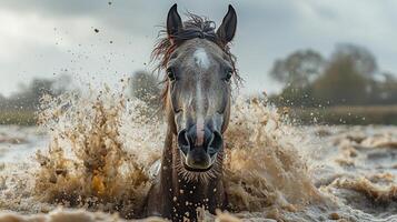 Black horse galloping through a forest trail during autumn season photo