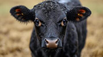 Close-up view of a cow's eye revealing intricate details and unique patterns in a natural setting photo