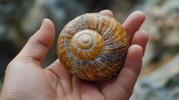 Intricate seashell held in hand against a backdrop of warm autumn colors photo