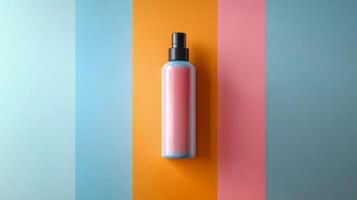 Pink liquid soap dispenser against a pastel background with soft shadows photo