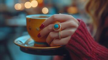 Elegant hand holding a coffee cup adorned with beautiful rings and bracelets in a cozy setting photo