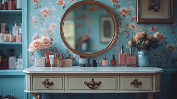 Elegant vanity table adorned with pink flowers in a softly lit room photo
