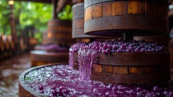Grapes being crushed and processed in wooden barrels at a winery during harvest season photo