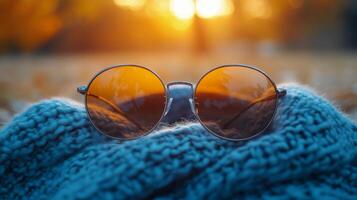 Stylish sunglasses resting on knitted fabric illuminated by warm sunlight photo