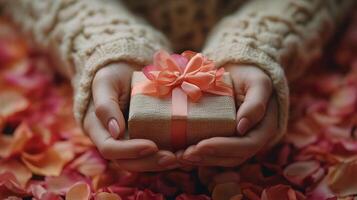 Delicate hands hold a small gift wrapped in natural fabric amid a bed of rose petals photo