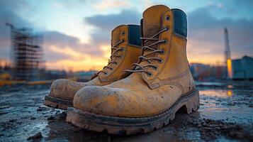 Worksite boots covered in mud during construction project on a busy urban site photo