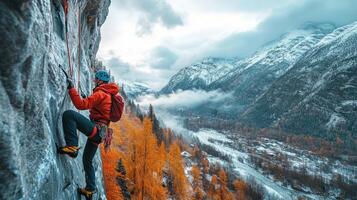 Climber ascending a steep rock face with scenic fjord view in Norway photo