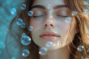 Captivating underwater portrait of a young woman surrounded by shimmering bubbles photo