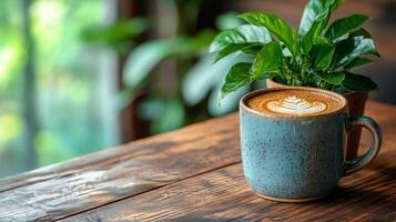 Cozy cafe atmosphere with a yellow cup of coffee and a potted plant during the morning photo