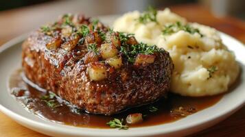Savory meatloaf served with creamy mashed potatoes and rich gravy on a wooden table photo