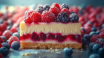 Creamy cheesecake topped with fresh berries served on a white plate in a cozy cafe setting photo