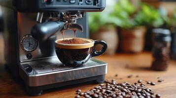 Brewing espresso with fresh coffee beans in a modern coffee machine at a cafe photo