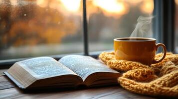 Coffee cup resting on open book with natural light illuminating the cozy reading space photo