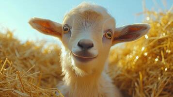 Joyful baby goat relaxes in hay under a clear blue sky during sunny afternoon photo