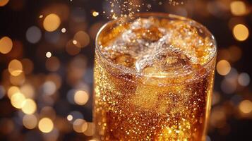 Refreshing sparkling drink served in a glass with ice and bubbles, perfect for celebrations photo