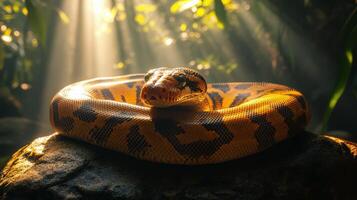 Majestic snake resting on a rock in a sunlit rainforest setting during the early morning hours photo