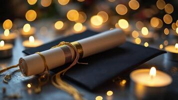 Graduation celebration with a cap and diploma surrounded by candles and warm lights at night photo