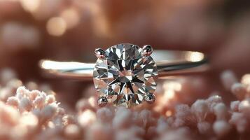 Sparkling diamond engagement ring displayed on a reflective surface with shimmering background lights photo