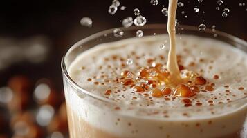 Delicious layered coffee beverage with whipped cream and cocoa sprinkle on wooden table photo