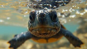 Marine turtle swims gracefully in clear tropical waters of the ocean near vibrant coral reefs photo